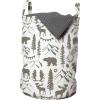 Ambesonne Northwoods Laundry Bag, Forest Elements with Bear Moose Trees and Mountains Wildlife Nature Theme, Hamper Basket with Handles Drawstring Closure for Laundromats, 13″ x 19″, Taupe White