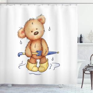 Ambesonne Bear Shower Curtain, Teddy Caught up in Rain Rubber Boots Holding an Umbrella Cartoon, Cloth Fabric Bathroom Decor Set with Hooks, 69″ W x 70″ L, Sand Brown Yellow Blue