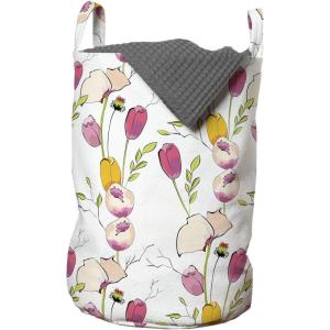 Ambesonne Colorful Laundry Bag, Tulips and Poppy Flowers Romantic Arrangement Valentines Day Themed Illustration, Hamper Basket with Handles Drawstring Closure for Laundromats, 13″ x 19″, Multicolor