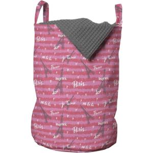 Ambesonne Eiffel Laundry Bag, Valentines Day Inspired Pattern with France Paris Oh La La Texts Heart Shapes, Hamper Basket with Handles Drawstring Closure for Laundromats, 13″ x 19″, Pink White Black