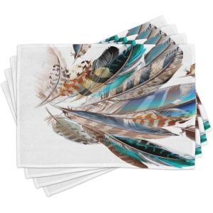 Ambesonne Feathers Place Mats Set of 4, Vaned Types and Natal Contour Flight Bird Feathers and Animal Skin Element Print, Washable Fabric Placemats for Dining Table, Standard Size, Teal Brown