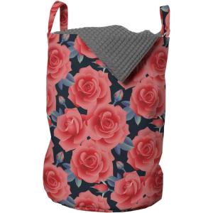Ambesonne Floral Laundry Bag, Romantic Roses for Lovers Valentines Shabby Perennial Flower Buds Pattern, Hamper Basket with Handles Drawstring Closure for Laundromats, 13″ x 19″, Dark Coral Dark Blue