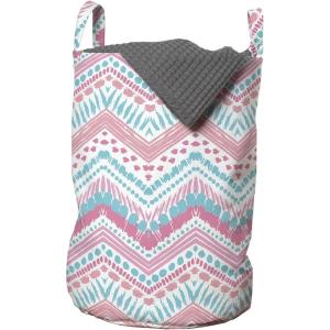 Ambesonne Geometric Laundry Bag, Grungy Brush Stroked Dots Among Chevron Zigzag Striped Pattern, Hamper Basket with Handles Drawstring Closure for Laundromats, 13″ x 19″, Pale Pink Aqua Pink