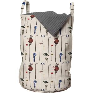 Ambesonne Golf Laundry Bag, Club and Ball Sport Theme Equipment Stroke Play Golfer Activity Leisure Hobby Design, Hamper Basket with Handles Drawstring Closure for Laundromats, 13″ x 19″, Cream Tan