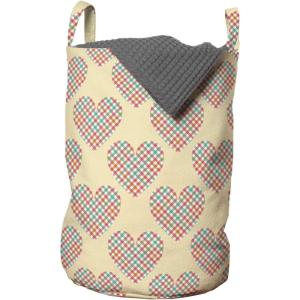 Ambesonne Heart Laundry Bag, Repetitive Romantic Plaid Motif Hearts Valentines, Hamper Basket with Handles Drawstring Closure for Laundromats, 13″ x 19″, Champagne Multicolor