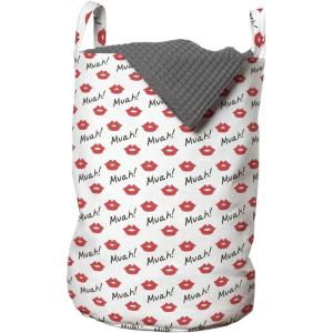 Ambesonne Kiss Laundry Bag, Red Woman Lips Kiss Marks Pattern Romance Feminine Graphic Valentines Day, Hamper Basket with Handles Drawstring Closure for Laundromats, 13″ x 19″, Vermilion White