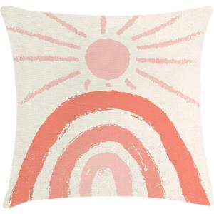 Ambesonne Mid Century Modern Boho Throw Pillow Cushion Cover, Sunny Day in Neutral Colors Rainbow Stripes and Sun Art, Decorative Square Accent Pillow Case, 24″ X 24″, Coral Blush Eggshell