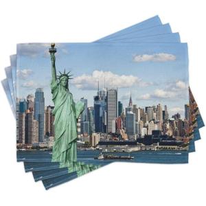 Ambesonne New York Place Mats Set of 4, Liberty in NYC Harbor Urban City Print Famous Cultural Landmark Picture, Washable Fabric Placemats for Dining Table, Standard Size, Mint Blue