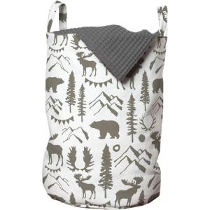 Ambesonne Northwoods Laundry Bag, Forest Elements with Bear Moose Trees and Mountains Wildlife Nature Theme, Hamper Basket with Handles Drawstring Closure for Laundromats, 13″ x 19″, Taupe White