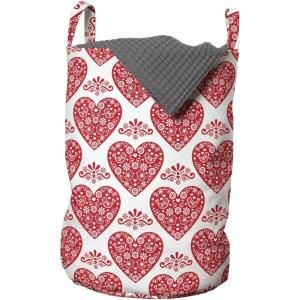 Ambesonne Norwegian Laundry Bag, Heart Shapes with Floral and Bird Motifs Valentine’s Day Themed Print, Hamper Basket with Handles Drawstring Closure for Laundromats, 13″ x 19″, Vermilion and White
