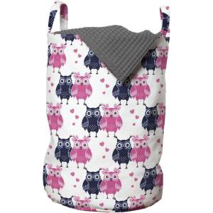 Ambesonne Owl Laundry Bag, Valentines Animals Lovebirds Boy and Girl Bird Motifs on Plain Backdrop, Hamper Basket with Handles Drawstring Closure for Laundromats, 13″ x 19″, Navy Blue Pink and White