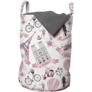 Ambesonne Paris Laundry Bag, Valentines Day Theme with Eiffel Kissing Couple Hot Air Balloon Wedding Concept, Hamper Basket with Handles Drawstring Closure for Laundromats, 13″ x 19″, Pale Pink Rose