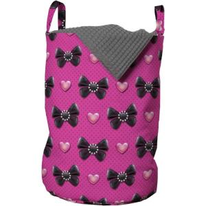 Ambesonne Pearls Laundry Bag, Bow Ties with Hearts Feminine Valentines Day Romantic Theme with Dotted Background, Hamper Basket with Handles Drawstring Closure for Laundromats, 13″ x 19″, Pink Black