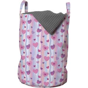 Ambesonne Purple Laundry Bag, Valentines Day Hearts with Verical Abstract Stipes Vintage Sentimental Composition, Hamper Basket with Handles Drawstring Closure for Laundromats, 13″ x 19″, Multicolor