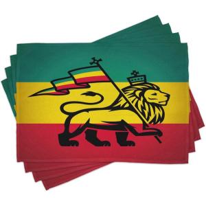 Ambesonne Rasta Place Mats Set of 4, Judah Lion a Rastafari Flag Jungle Reggae Theme Art Vivid Colorful Print, Washable Fabric Placemats for Dining Table, Standard Size, Yellow and Red