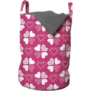 Ambesonne Romantic Laundry Bag, Continuous Hand Drawn Hearts as Clover Leaves Monochrome Valentine’s Day, Hamper Basket with Handles Drawstring Closure for Laundromats, 13″ x 19″, Hot Pink and White