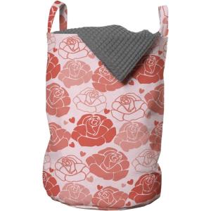Ambesonne Romantic Laundry Bag, Repeating Love Theme with Roses and Little Hearts Valentine’s Day, Hamper Basket with Handles Drawstring Closure for Laundromats, 13″ x 19″, Rose Coral
