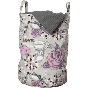 Ambesonne Tea Party Laundry Bag, Ornate Teacup and Pot with Romantic Roses Birds Valentines Day Themed Image, Hamper Basket with Handles Drawstring Closure for Laundromats, 13″ x 19″, Pale Pink Dust