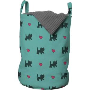 Ambesonne Teal Laundry Bag, Kittens Pink Hearts Animal Design with Valentines Inspirations, Hamper Basket with Handles Drawstring Closure for Laundromats, 13″ x 19″, Teal Pink Dark Blue