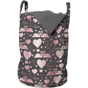 Ambesonne Valentines Day Laundry Bag, Lovebirds Gracious Aquatic Animals Romance Swans, Hamper Basket with Handles Drawstring Closure for Laundromats, 13″ x 19″, Taupe Grey Pink