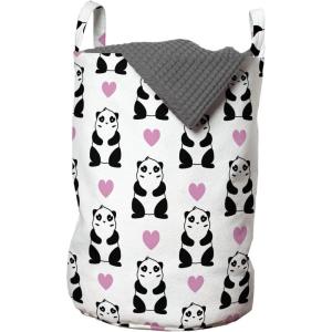 Ambesonne Valentine’s Day Laundry Bag, Romantic Pandas Hearts Doodle Love Theme Art Pattern, Hamper Basket with Handles Drawstring Closure for Laundromats, 13″ x 19″, Charcoal Grey Pink and White
