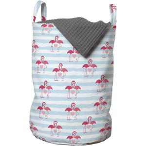 Ambesonne Valentines Day Laundry Bag, Romantic Theme Couple of Flamingos with Heart Motifs on Stripes, Hamper Basket with Handles Drawstring Closure for Laundromats, 13″ x 19″, Dark Coral Pale Blue