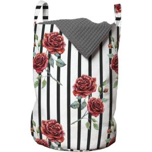 Ambesonne Watercolor Laundry Bag, Rose Pattern with Vertical Stripes Pattern Romantic Valentines Day, Hamper Basket with Handles Drawstring Closure for Laundromats, 13″ x 19″, Ruby Reseda Green Black