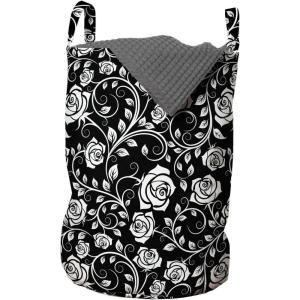 Ambesonne White Laundry Bag, Romantic Vintage Inspired Roses on Swirling Stems Monochromatic Valentine’s Day, Hamper Basket with Handles Drawstring Closure for Laundromats, 13″ x 19″, Black and White