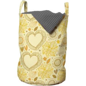 Ambesonne Yellow Laundry Bag, Childish Doodle Style Composition with Hearts and Flowers Romantic Valentines Day, Hamper Basket with Handles Drawstring Closure for Laundromats, 13″ x 19″, Multicolor