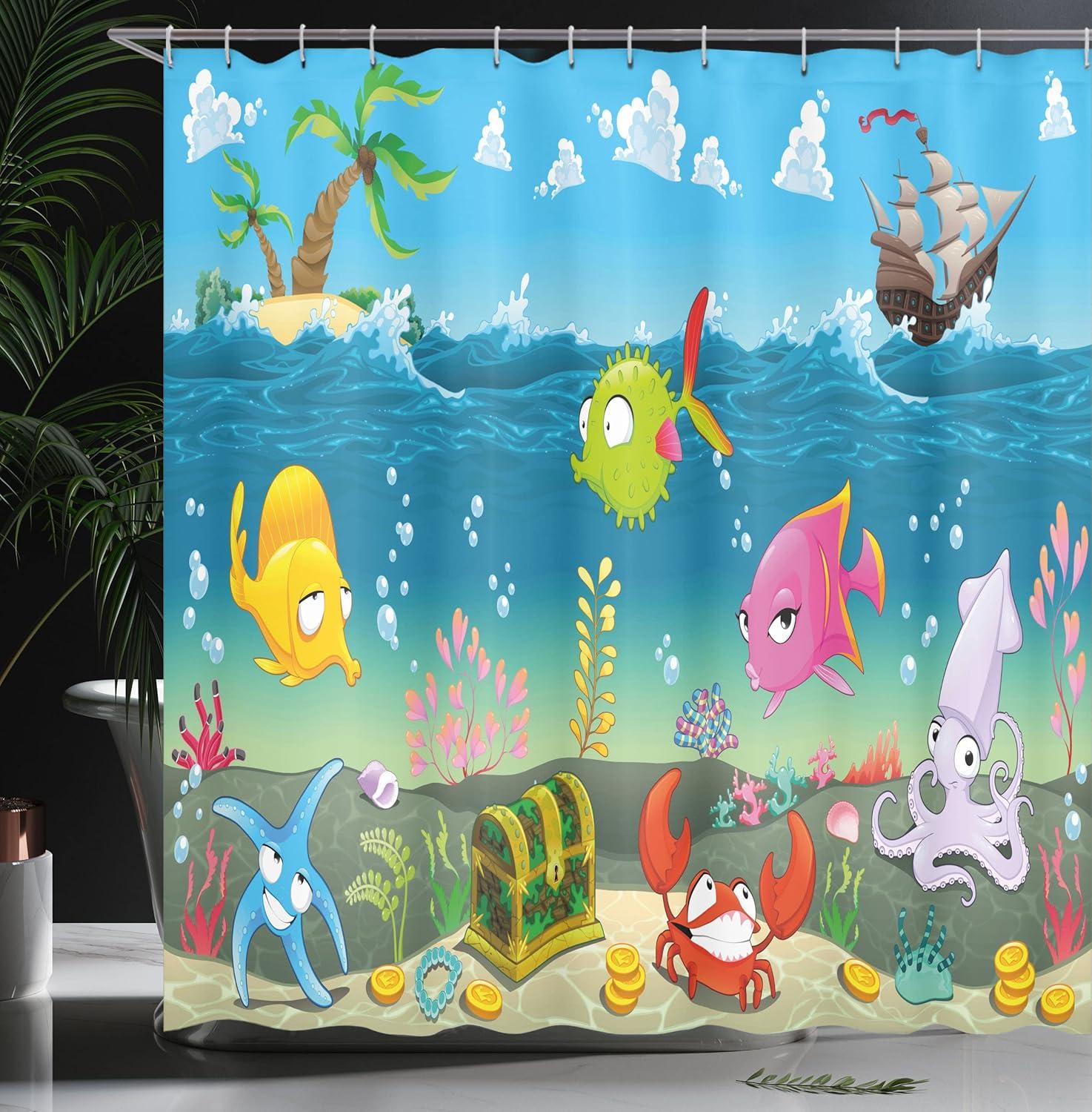 imageAmbesonne Animal Shower Curtain Funny Sea Animals Underwater Ocean View Sail Boat Palm Trees Cartoon Art Cloth Fabric Bathroom Decor Set with Hooks 69 W x 70 L Multicolor Sea Blue Sky Blue