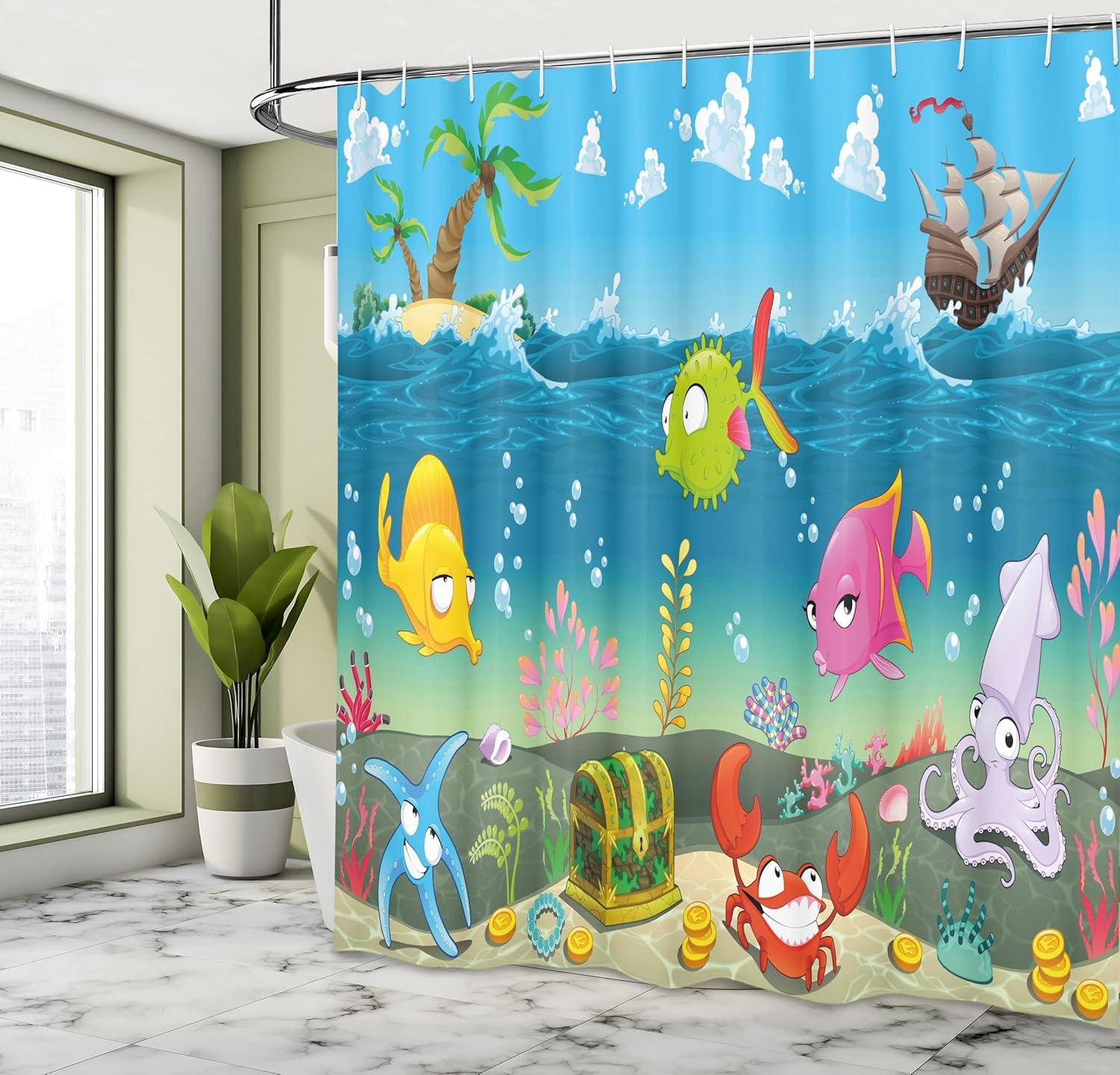 imageAmbesonne Animal Shower Curtain Funny Sea Animals Underwater Ocean View Sail Boat Palm Trees Cartoon Art Cloth Fabric Bathroom Decor Set with Hooks 69 W x 70 L Multicolor Sea Blue Sky Blue