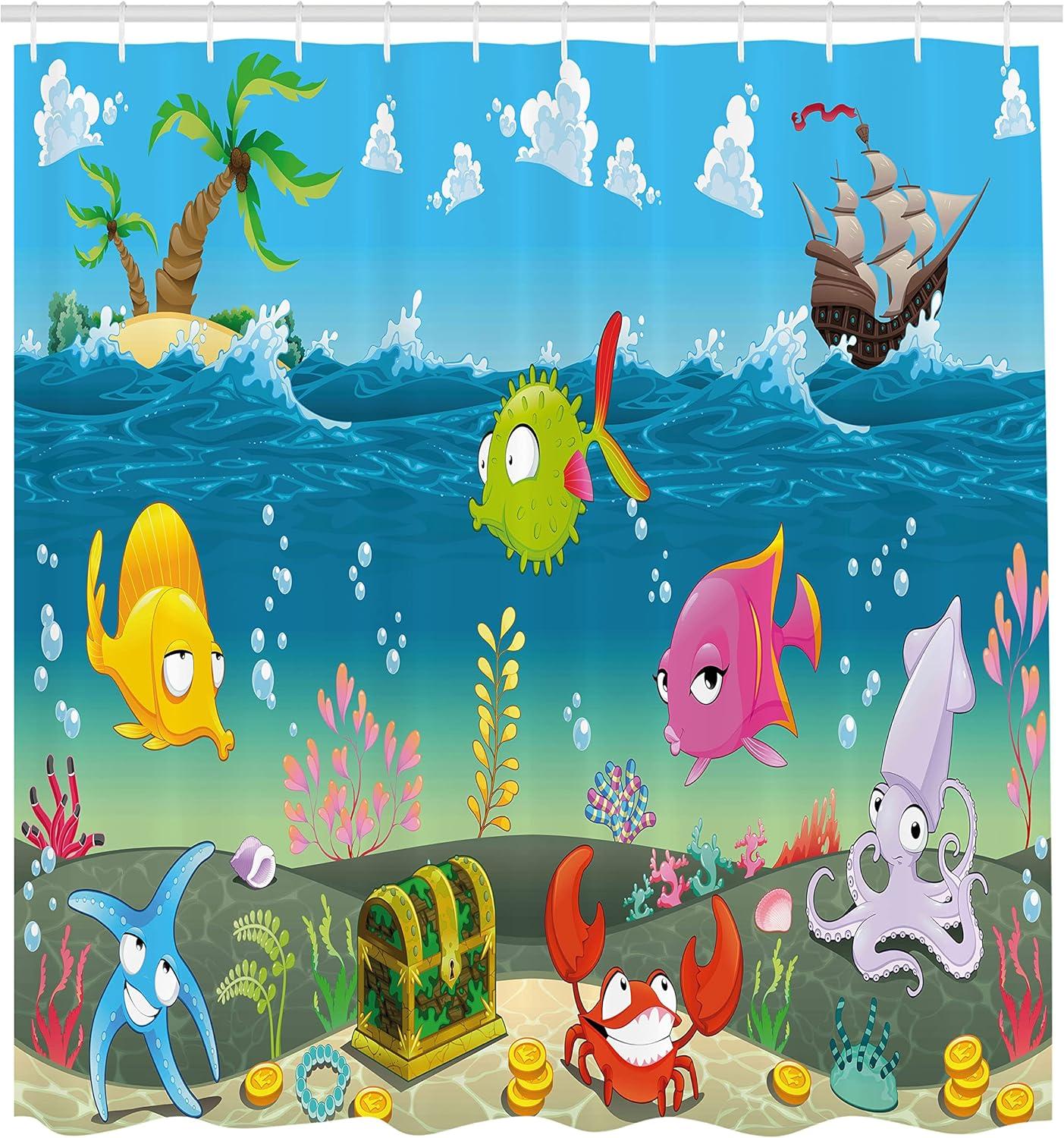imageAmbesonne Animal Shower Curtain Funny Sea Animals Underwater Ocean View Sail Boat Palm Trees Cartoon Art Cloth Fabric Bathroom Decor Set with Hooks 69 W x 70 L Multicolor Sea Blue Sky Blue