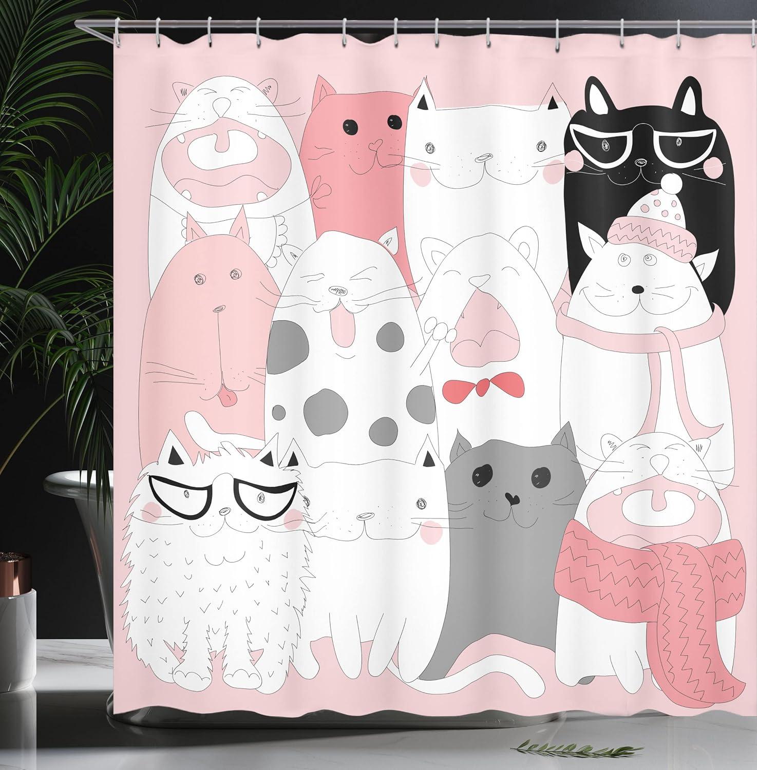 imageAmbesonne Cat Shower Curtain Cartoon Kittens Funny Smiling Glasses Scarfs Doodle Humorous Design Cloth Fabric Bathroom Decor Set with Hooks 69 W x 84 L Pale Pink White Black