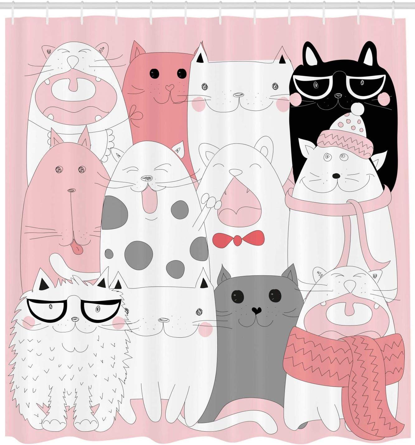 imageAmbesonne Cat Shower Curtain Cartoon Kittens Funny Smiling Glasses Scarfs Doodle Humorous Design Cloth Fabric Bathroom Decor Set with Hooks 69 W x 84 L Pale Pink White Black