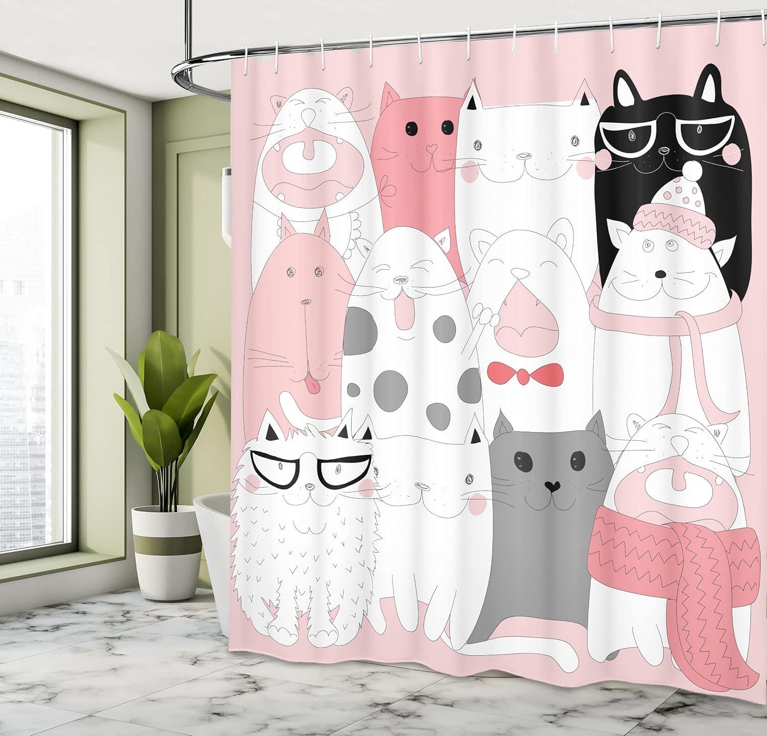 imageAmbesonne Cat Shower Curtain Cartoon Kittens Funny Smiling Glasses Scarfs Doodle Humorous Design Cloth Fabric Bathroom Decor Set with Hooks 69 W x 84 L Pale Pink White Black