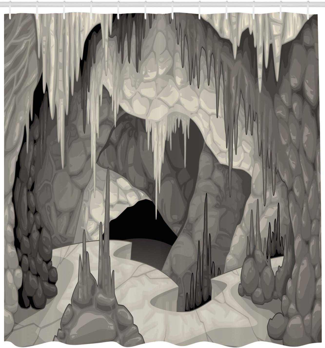 imageAmbesonne Cave Shower Curtain Inside The Cavern with Stalagmites Speleology Theme Cartoon Style Grotto in Greyscale Cloth Fabric Bathroom Decor Set with Hooks 69 W x 75 L Pearl Grey