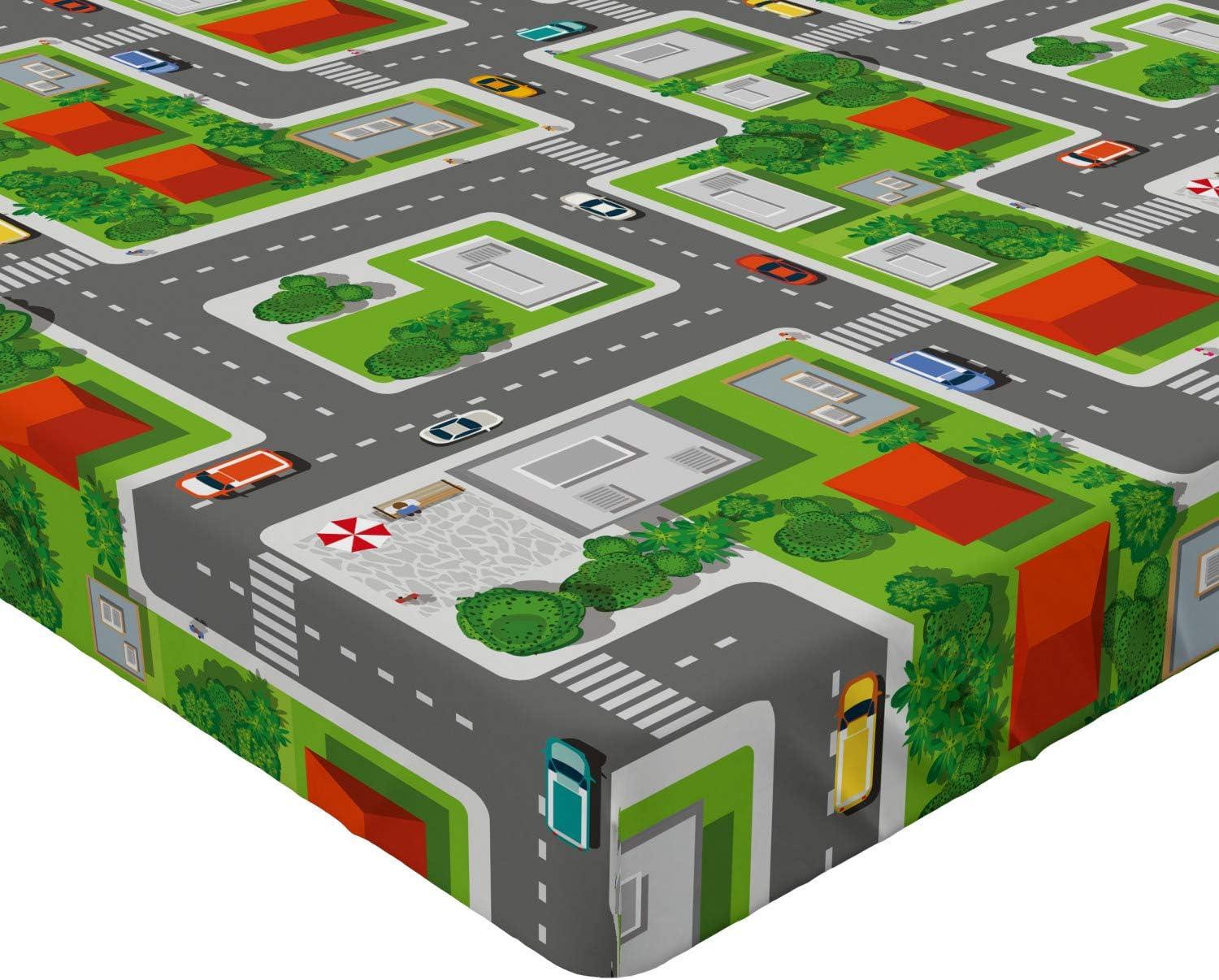 imageAmbesonne City Fitted Sheet Birds Eye View Map of The Abstract Town Streets Roads Houses and Cars Cartoon Print Bed Cover with AllRound Elastic Deep Pocket for Comfort Twin Size Grey GreenGrey Green