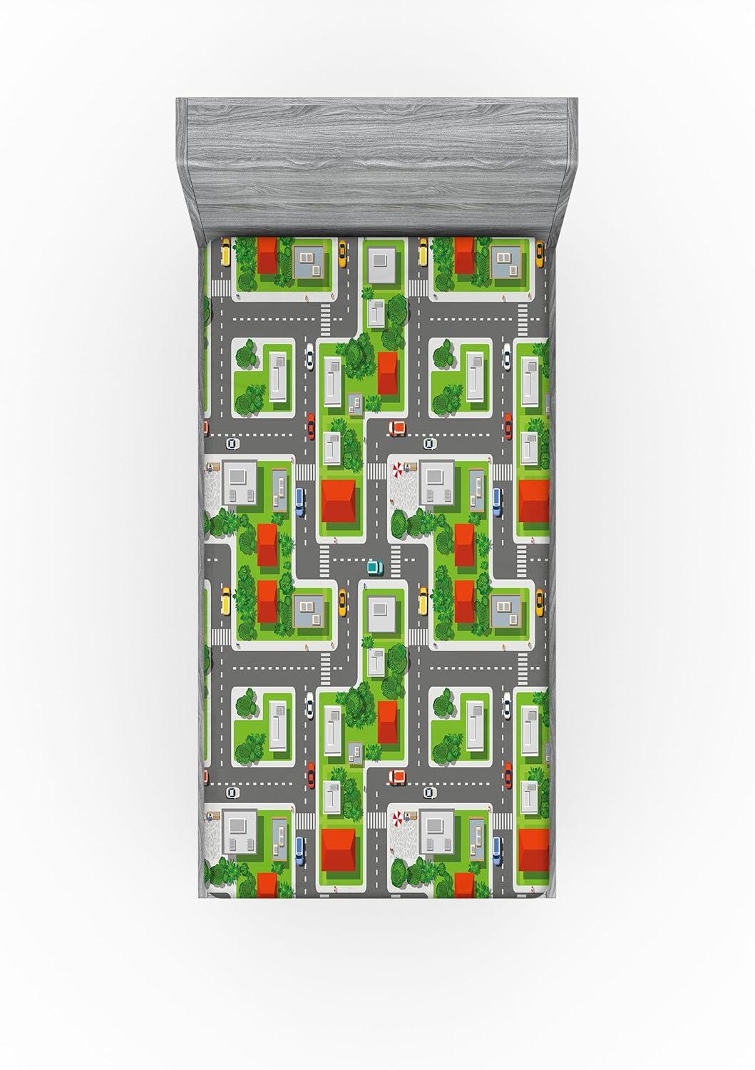 imageAmbesonne City Fitted Sheet Birds Eye View Map of The Abstract Town Streets Roads Houses and Cars Cartoon Print Bed Cover with AllRound Elastic Deep Pocket for Comfort Twin Size Grey GreenGrey Green