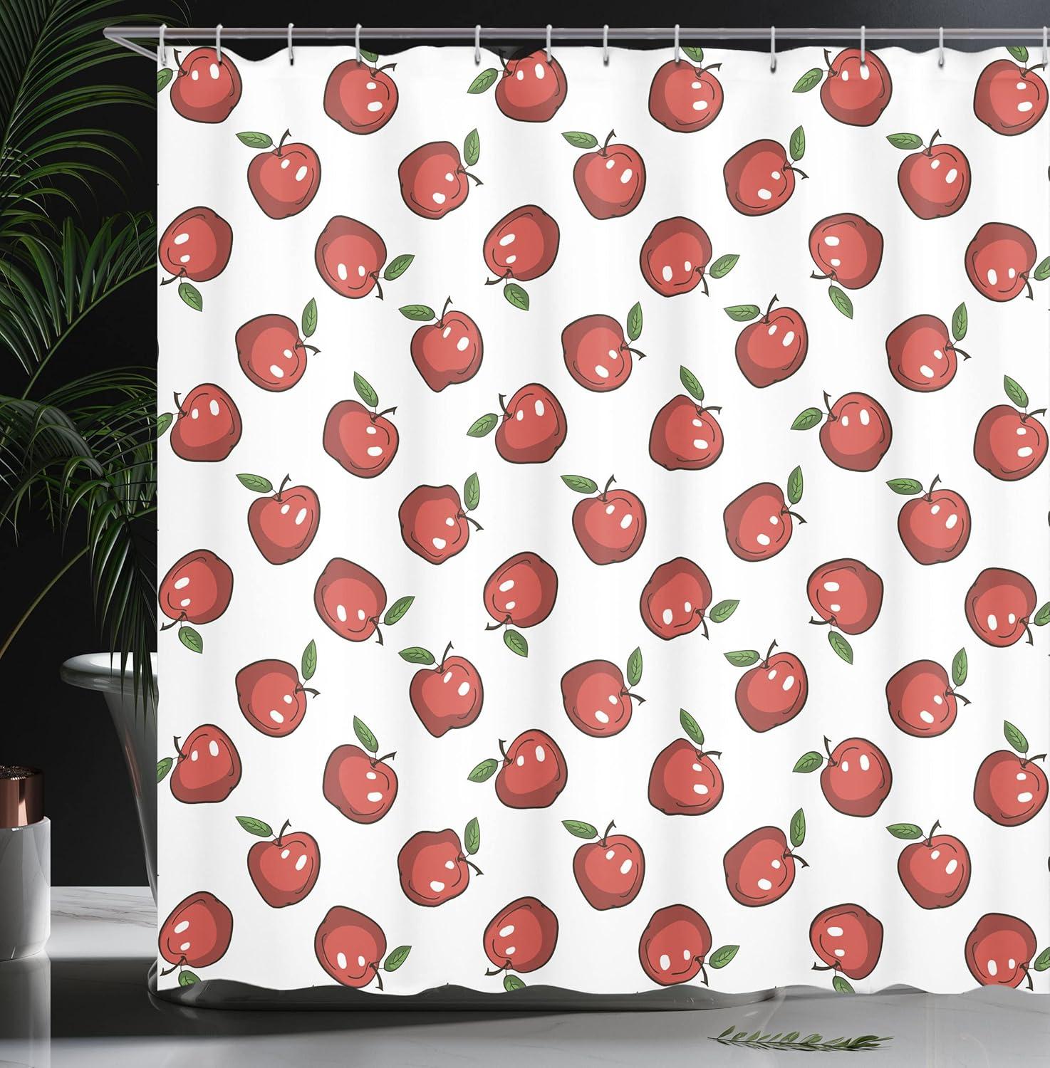 imageAmbesonne Fruits Shower Curtain Repeating Funny and Simplistic Cartoon Apples Juicy Delicious Eats Art Cloth Fabric Bathroom Decor Set with Hooks 69 W x 70 L Dark Coral White Green