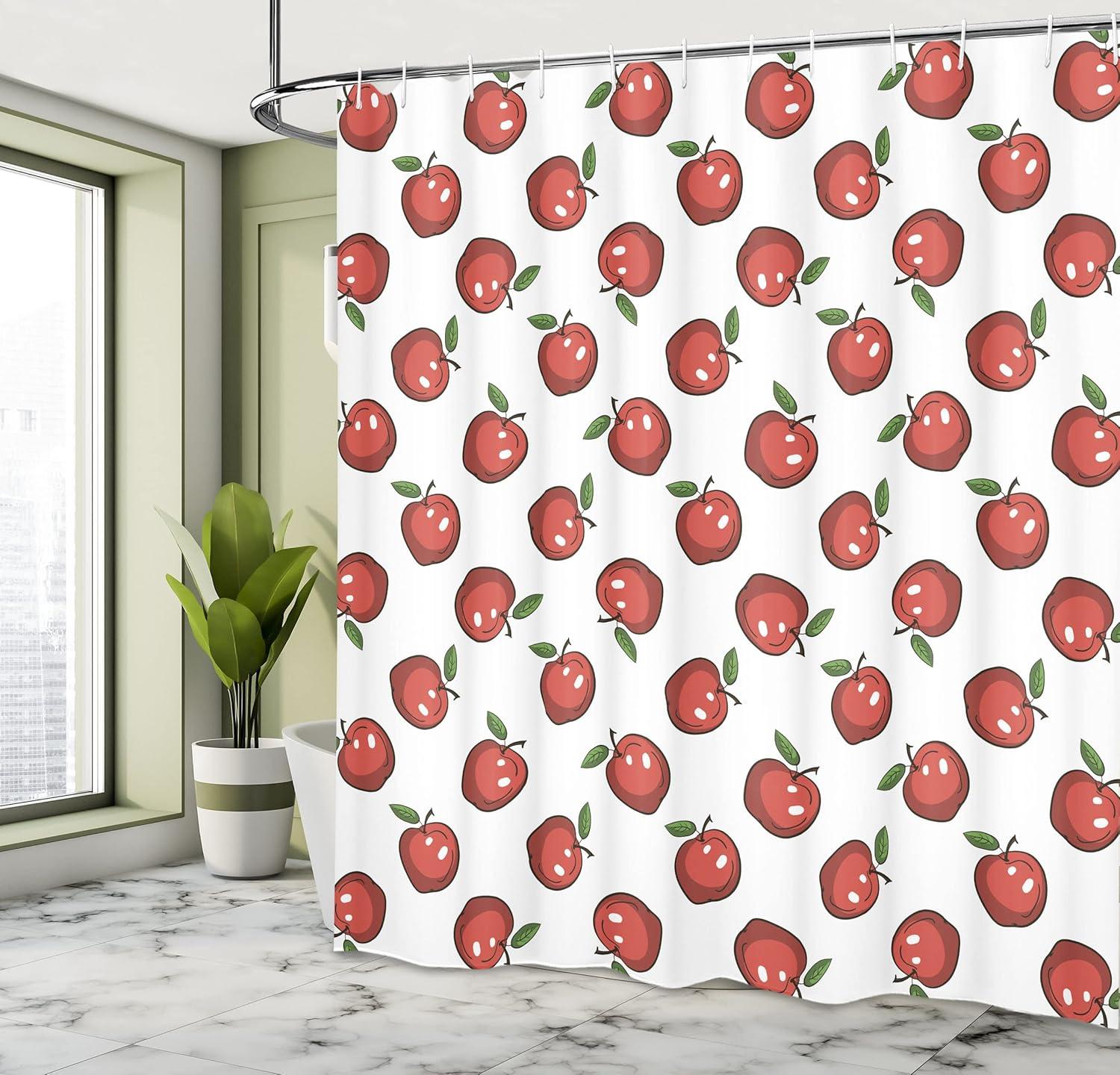 imageAmbesonne Fruits Shower Curtain Repeating Funny and Simplistic Cartoon Apples Juicy Delicious Eats Art Cloth Fabric Bathroom Decor Set with Hooks 69 W x 70 L Dark Coral White Green