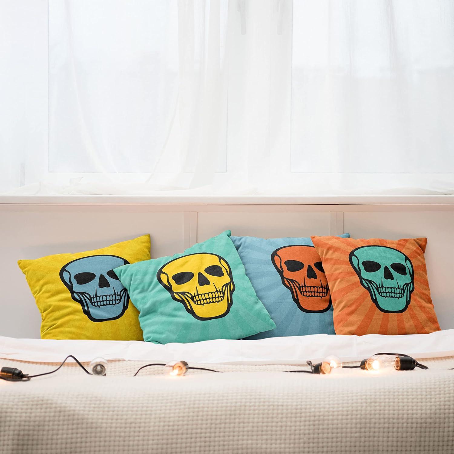 imageAmbesonne Skull Throw Pillow Cushion Case Pack of 4 Gothic Motif on Sunburst Rays Cartoon Comic Book Style Simple Retro Print Modern Accent DoubleSided Digital Printing 16 Teal Mustard Orange