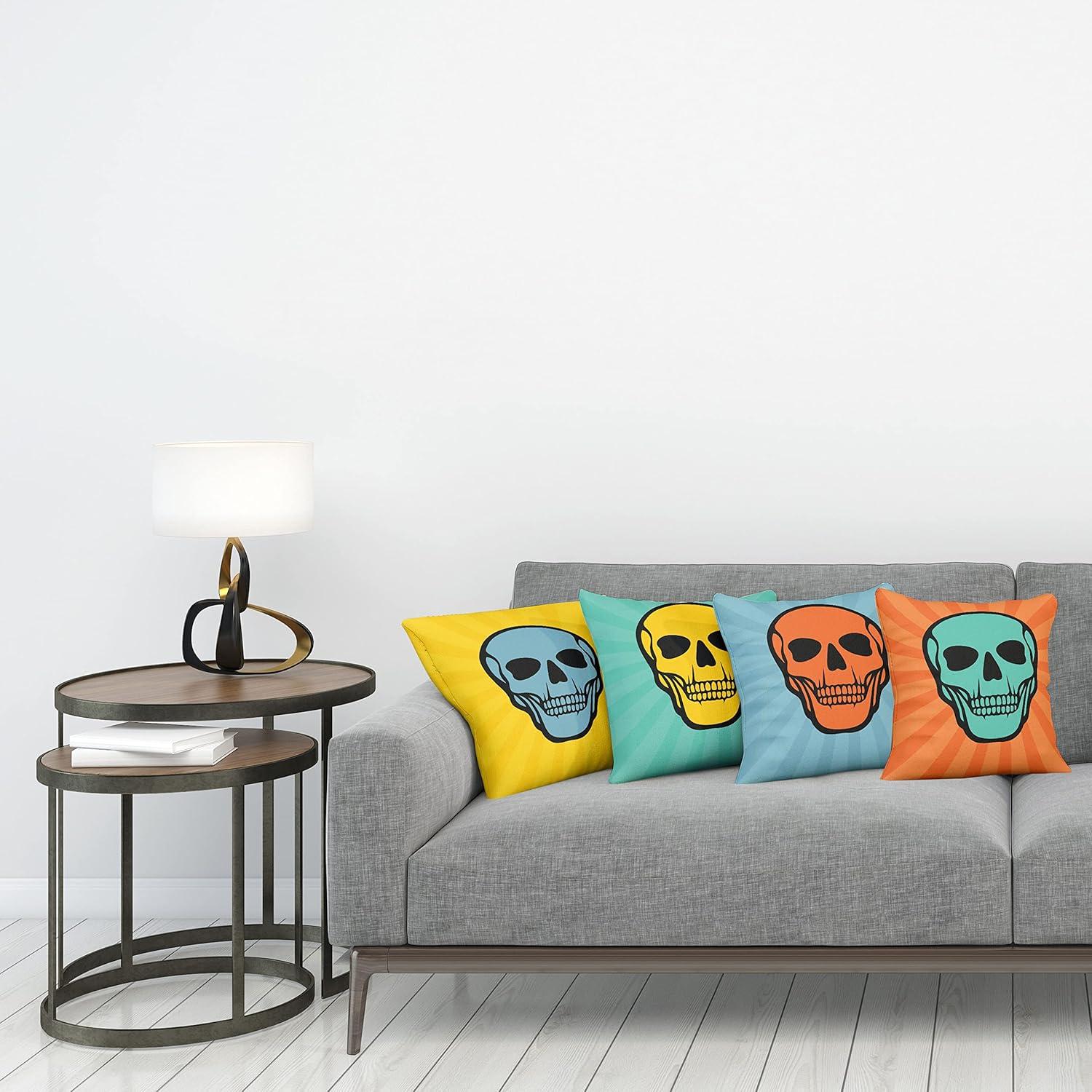 imageAmbesonne Skull Throw Pillow Cushion Case Pack of 4 Gothic Motif on Sunburst Rays Cartoon Comic Book Style Simple Retro Print Modern Accent DoubleSided Digital Printing 16 Teal Mustard Orange