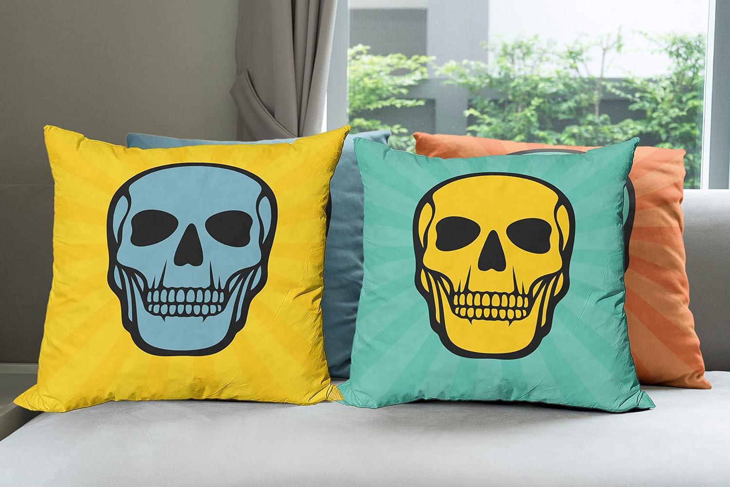 imageAmbesonne Skull Throw Pillow Cushion Case Pack of 4 Gothic Motif on Sunburst Rays Cartoon Comic Book Style Simple Retro Print Modern Accent DoubleSided Digital Printing 16 Teal Mustard Orange