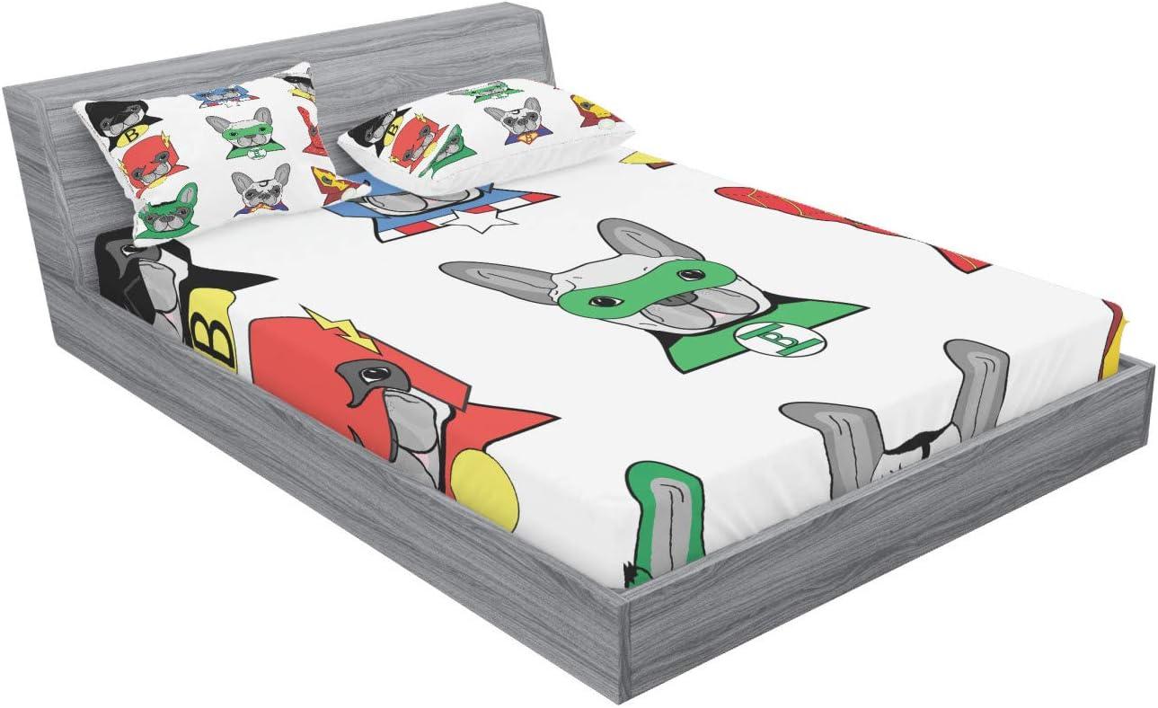 imageAmbesonne Superhero Fitted Sheet amp Pillow Sham Set Bulldog Superheroes Fun Cartoon Puppies in Disguise Costume Dogs Masks Print Decorative Printed 3 Piece Bedding Decor Set Queen Green White