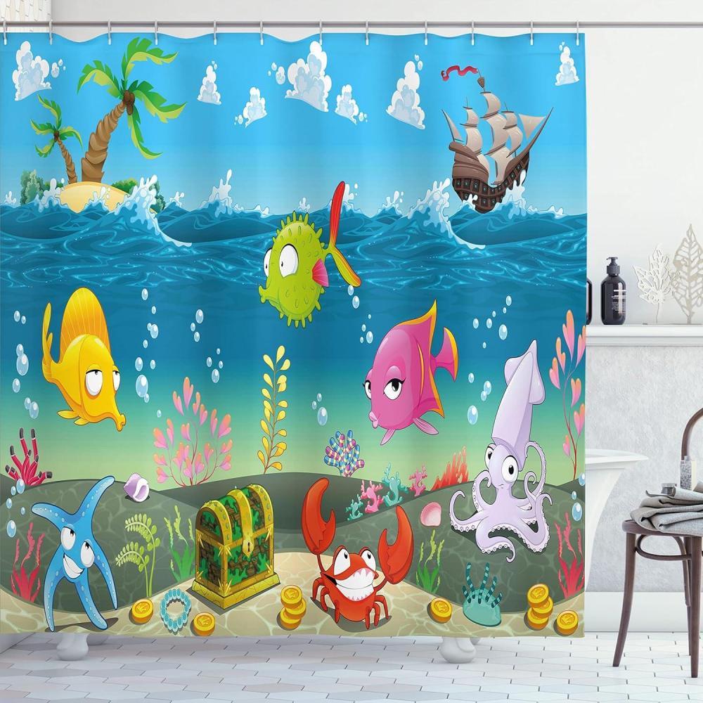 imageAmbesonne Animal Shower Curtain Funny Sea Animals Underwater Ocean View Sail Boat Palm Trees Cartoon Art Cloth Fabric Bathroom Decor Set with Hooks 69 W x 70 L Multicolor Sea Blue Sky Blue