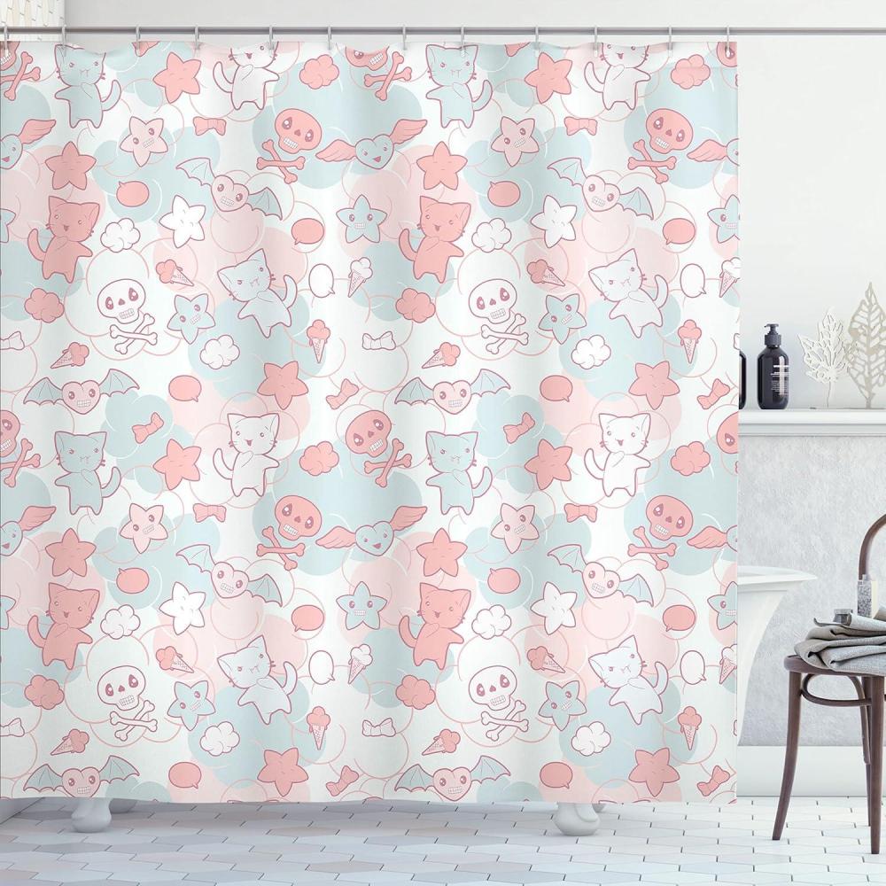 imageAmbesonne Cartoon Shower Curtain Styled Cats Bats and Skulls Japanese Inspired Kawaii Design Cloth Fabric Bathroom Decor Set with Hooks 69 W x 84 L Light Pink