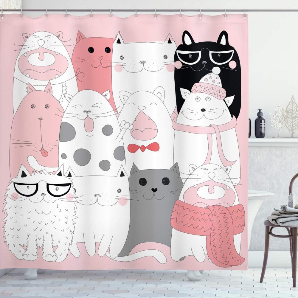 imageAmbesonne Cat Shower Curtain Cartoon Kittens Funny Smiling Glasses Scarfs Doodle Humorous Design Cloth Fabric Bathroom Decor Set with Hooks 69 W x 84 L Pale Pink White Black