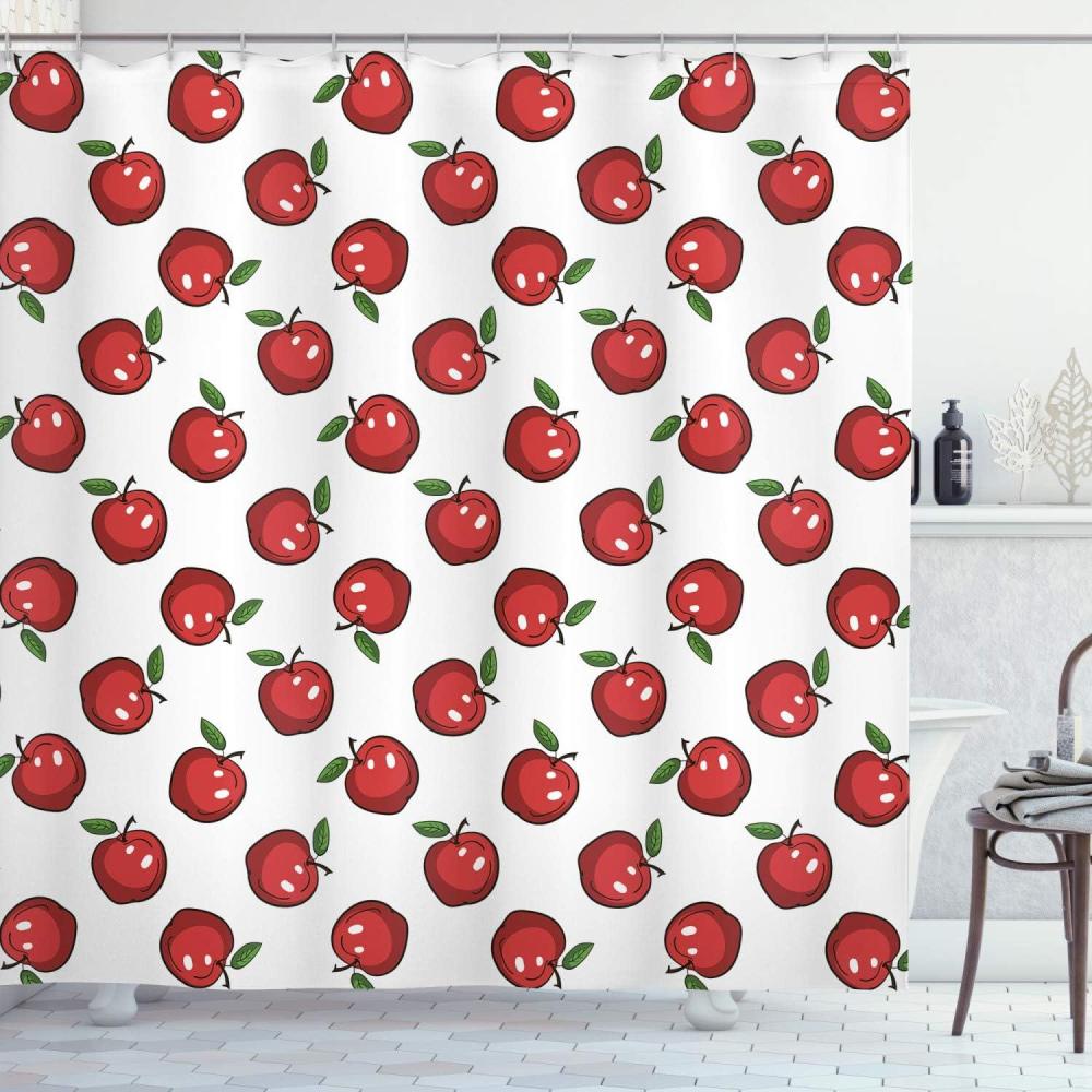 imageAmbesonne Fruits Shower Curtain Repeating Funny and Simplistic Cartoon Apples Juicy Delicious Eats Art Cloth Fabric Bathroom Decor Set with Hooks 69 W x 70 L Dark Coral White Green