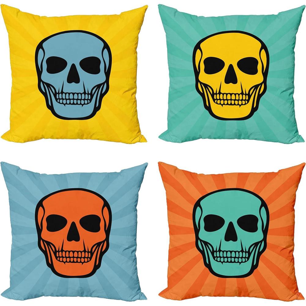 imageAmbesonne Skull Throw Pillow Cushion Case Pack of 4 Gothic Motif on Sunburst Rays Cartoon Comic Book Style Simple Retro Print Modern Accent DoubleSided Digital Printing 16 Teal Mustard Orange