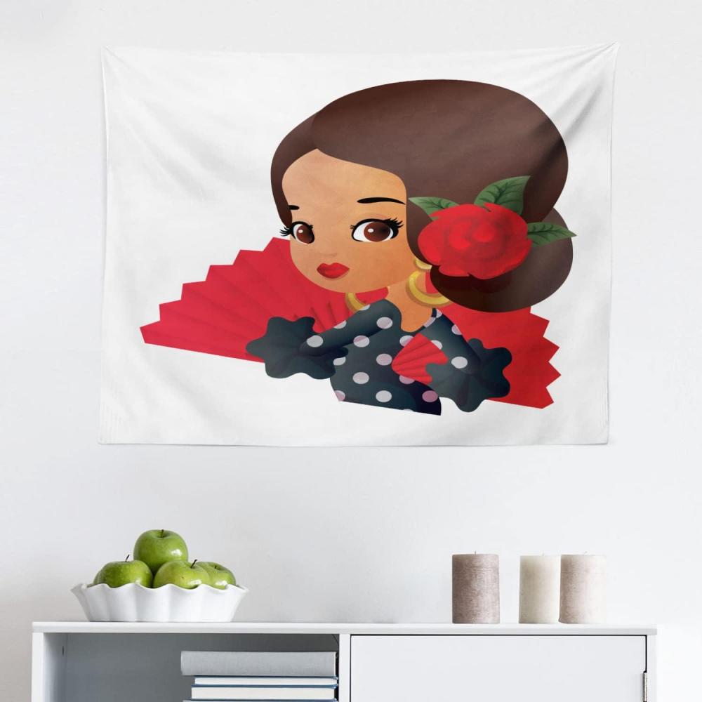 imageAmbesonne Spanish Tapestry Chibi Character in Flamenco Costume with Rose Flower on Her Hair Girl Cartoon Fabric Wall Hanging Decor for Bedroom Living Room Dorm 45 X 30 MulticolorMulticolor